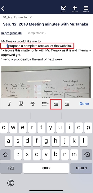 How to indent or outdent texts in Note on Stock_5