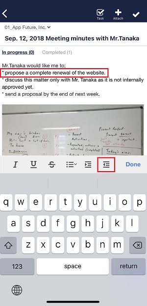 How to indent or outdent texts in Note on Stock_6