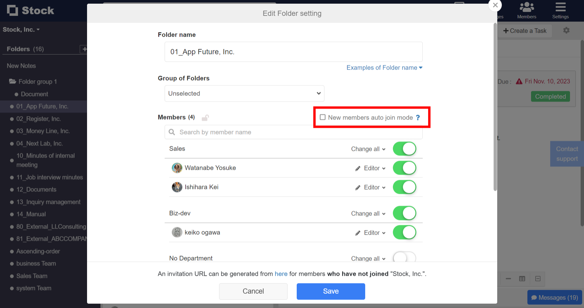 I want all team members who will join the team in the future to automatically join the folder on Stock_2