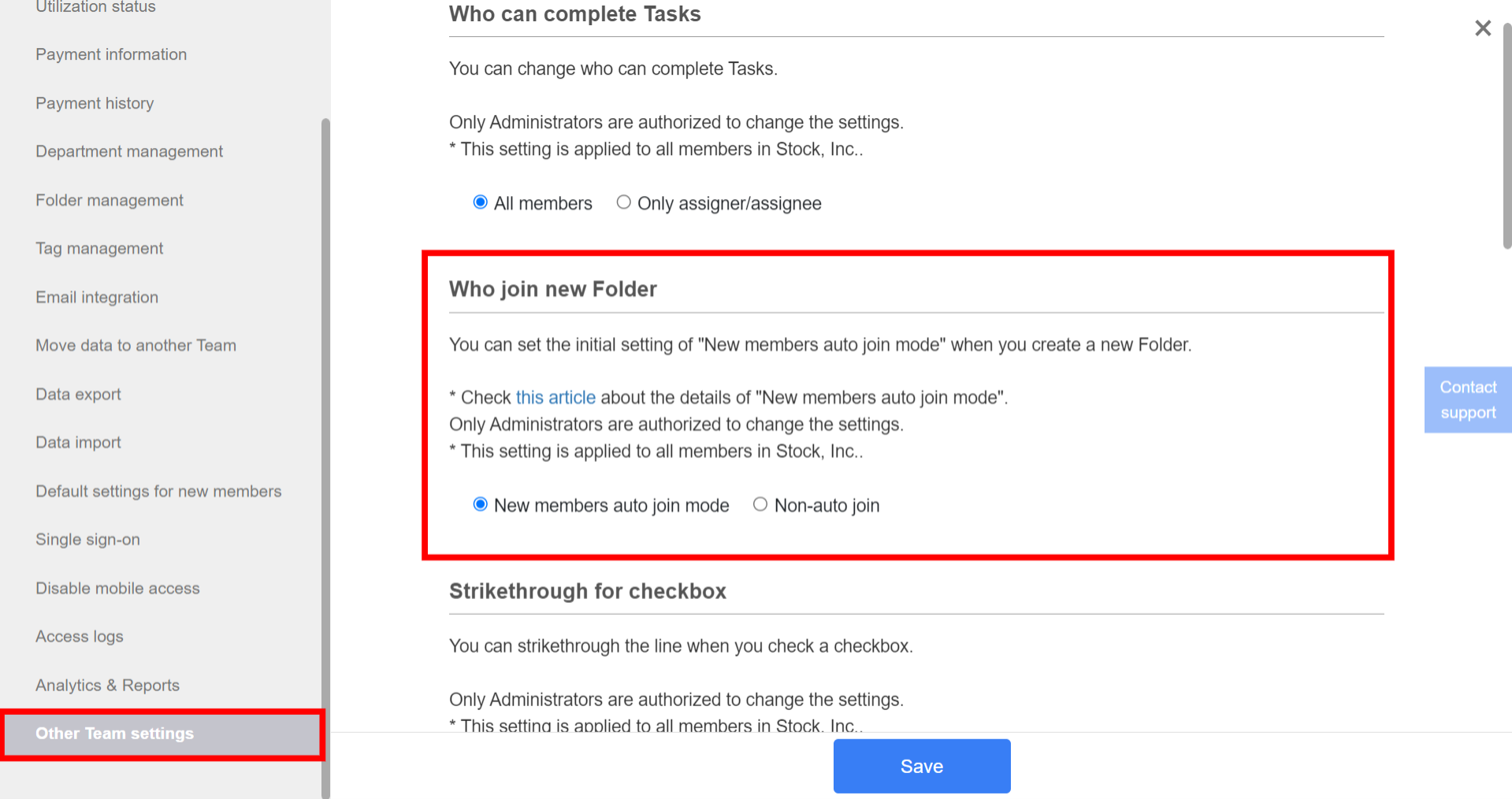 How to change the default setting of new member auto join when creating a folder in Stock_2