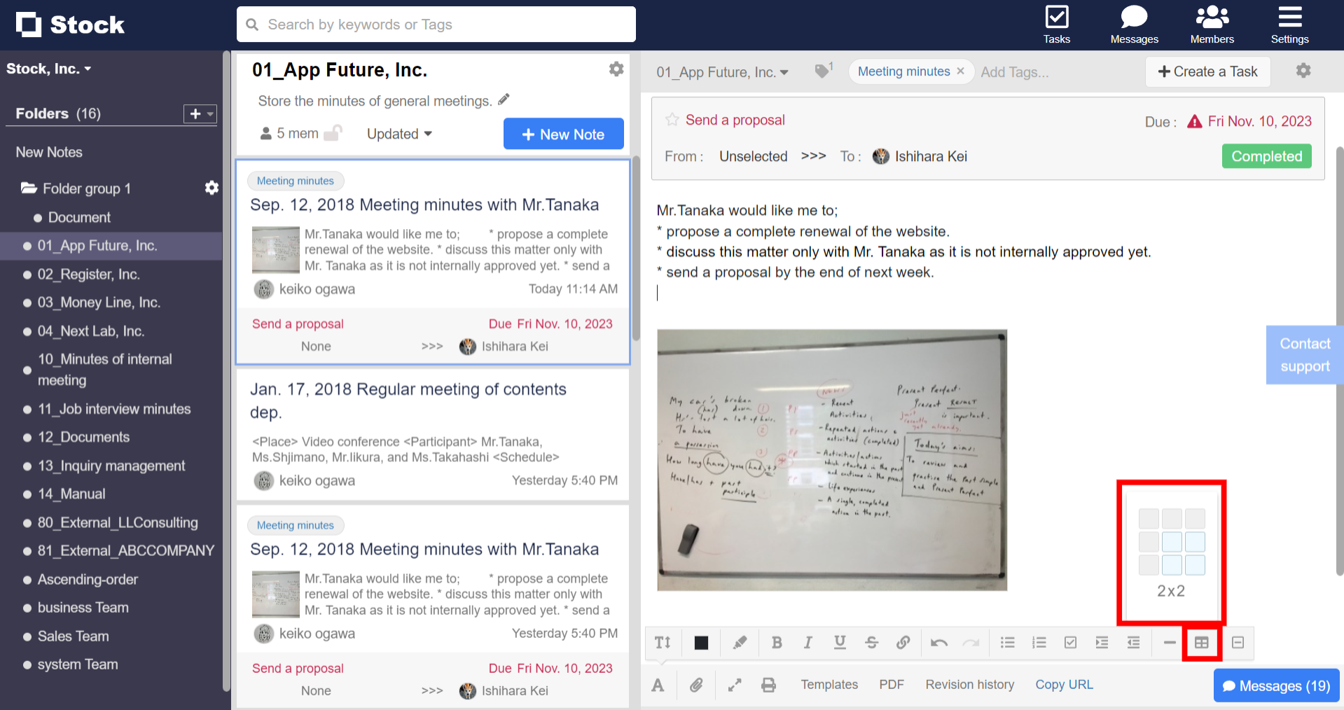 How to create a table in Note on Stock_1