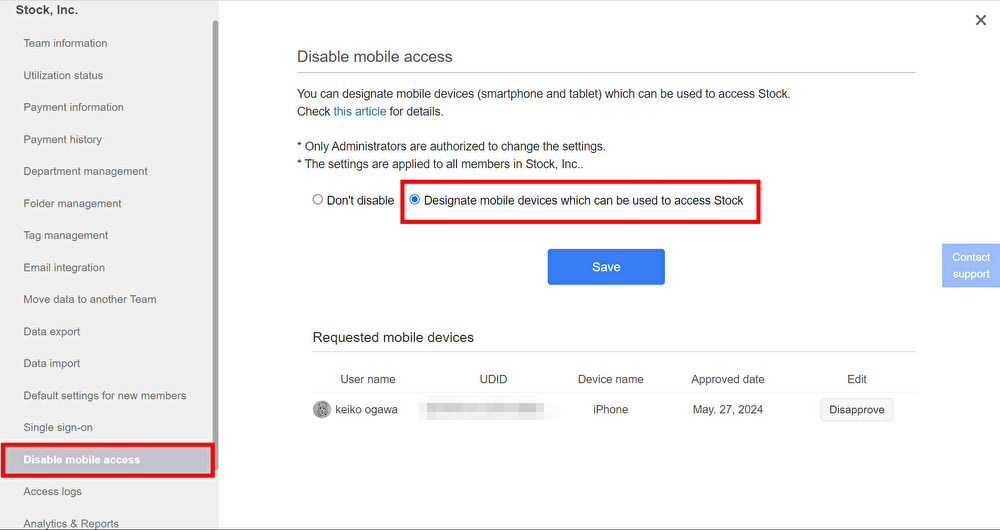 How to disable mobile access on Stock_2