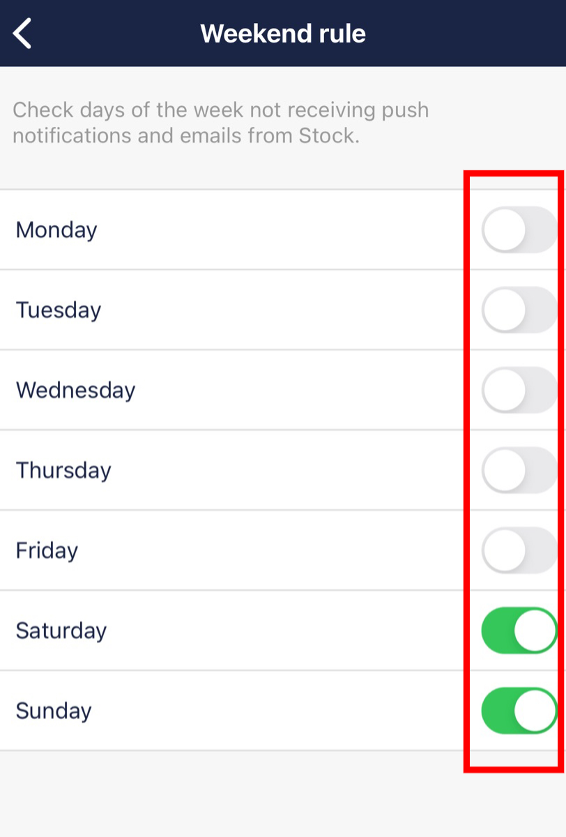 How to set not to receive notifications on the specific days of the week on Stock_6