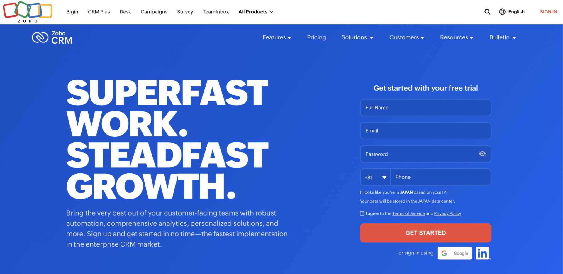 Top page of Zoho CRM