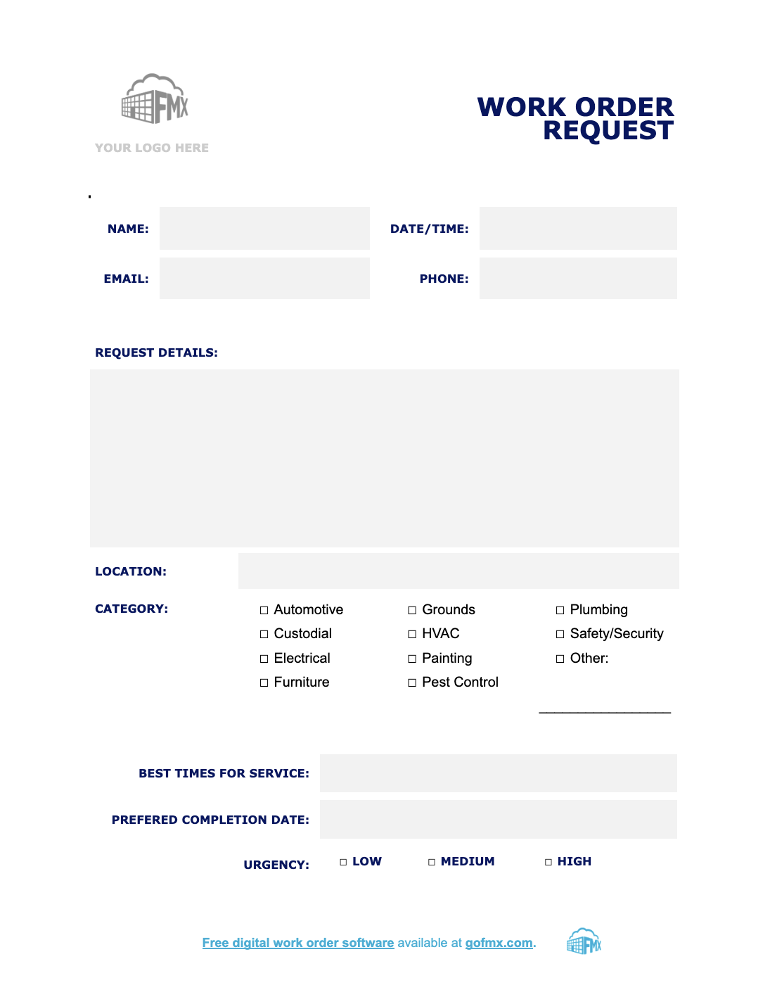 Work order template image of FMX