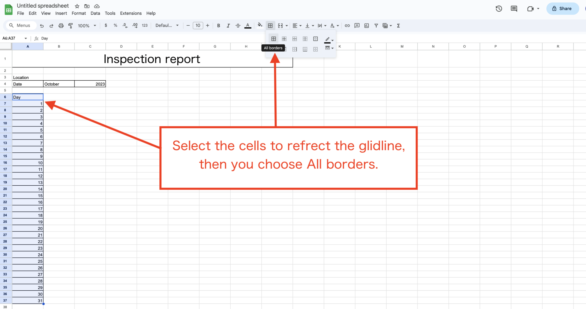 Image of setting the grid line to cells