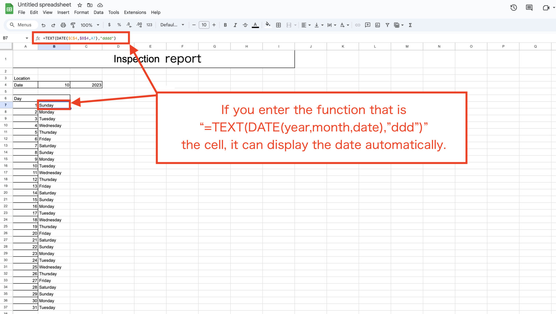 Image of entering the function that output the date automatically to inspection report