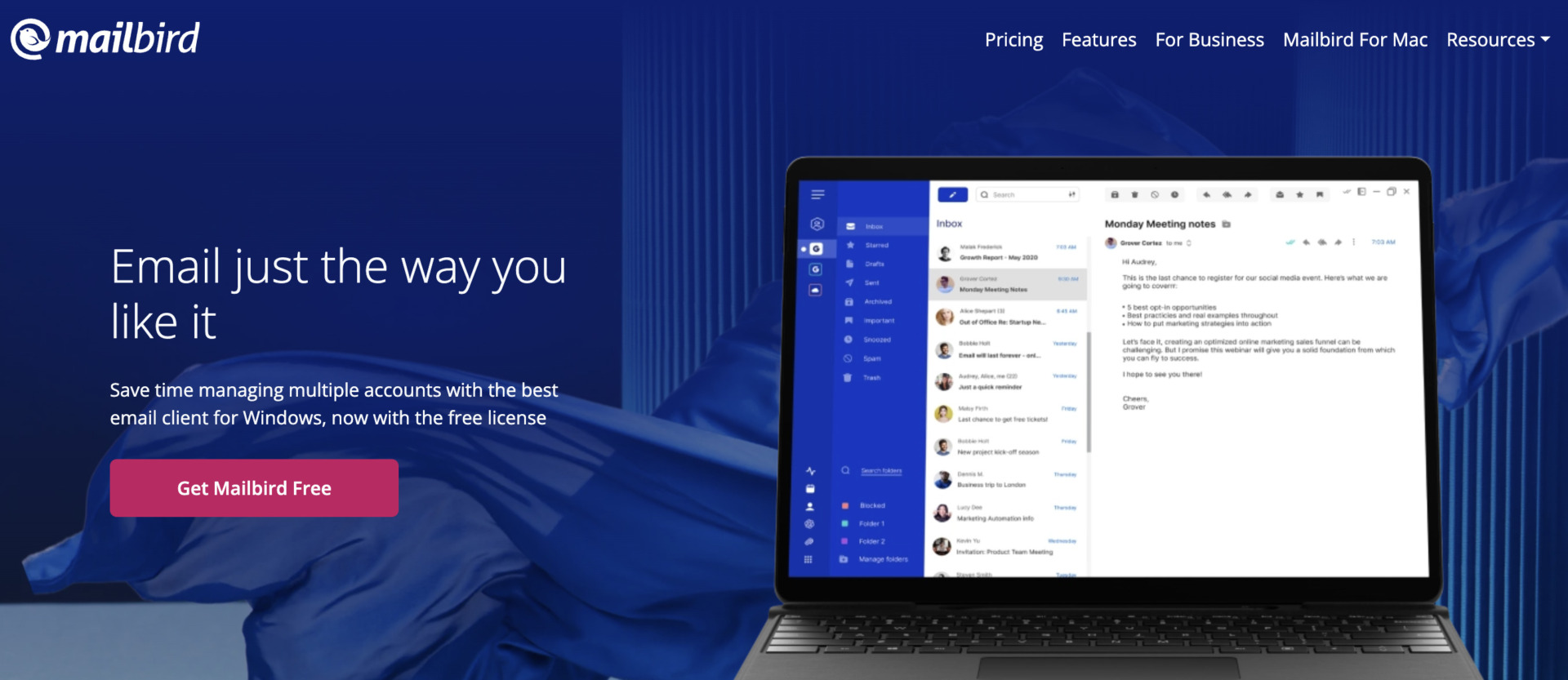 Image of top page of Mailbird