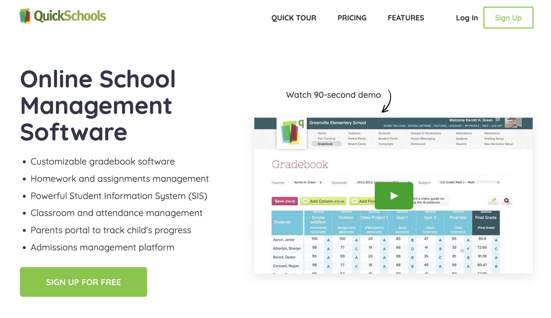 Top page of QuickSchools