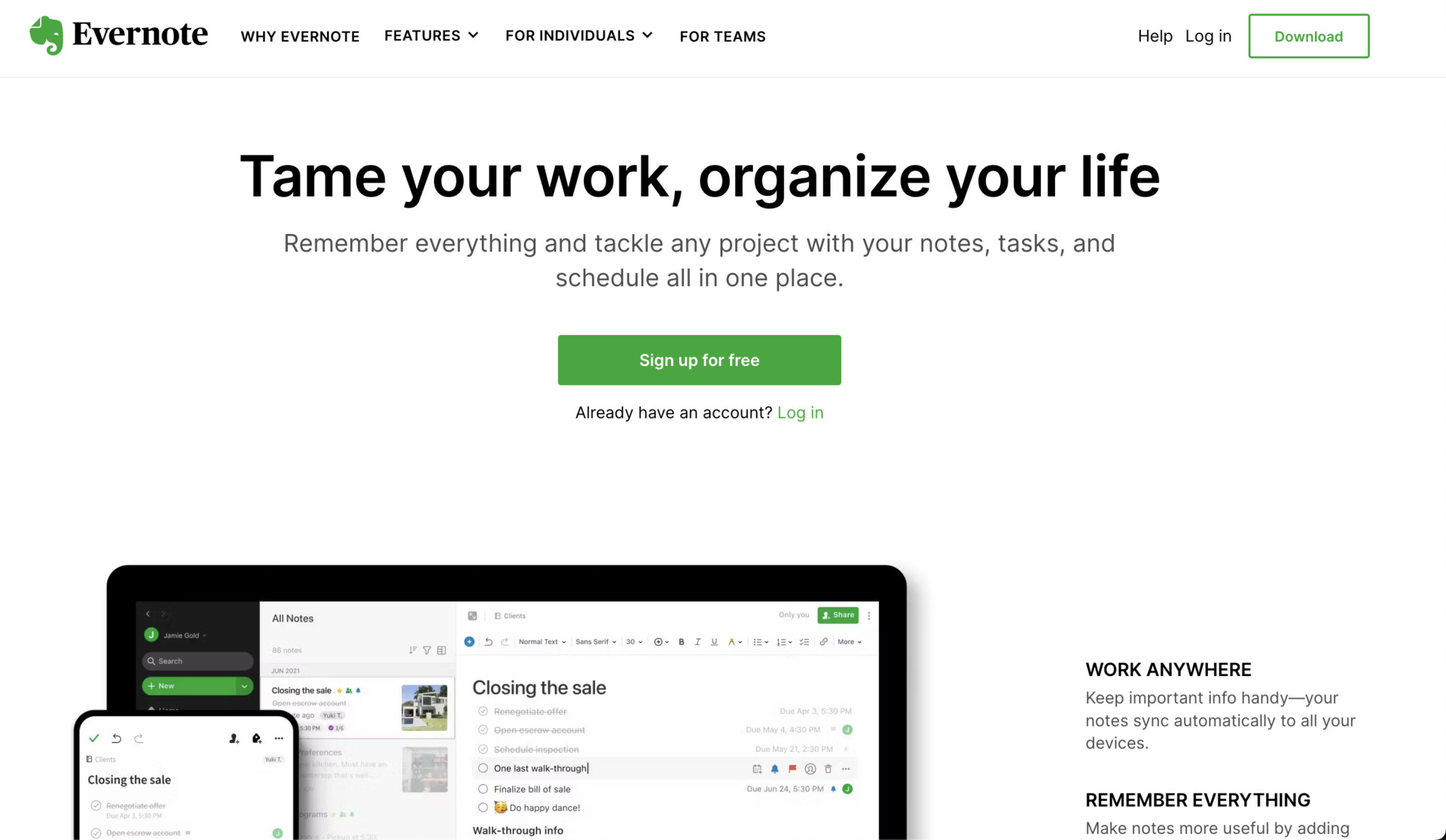 Top page of Evernote