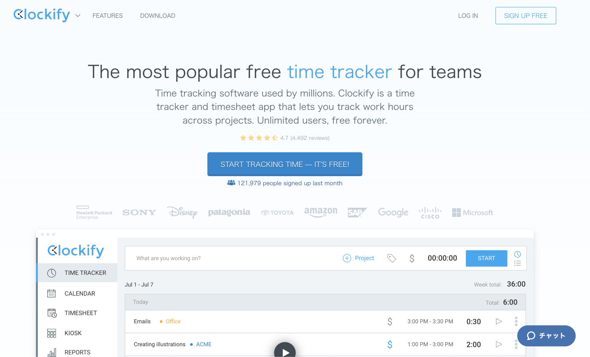 Top page of Clockify