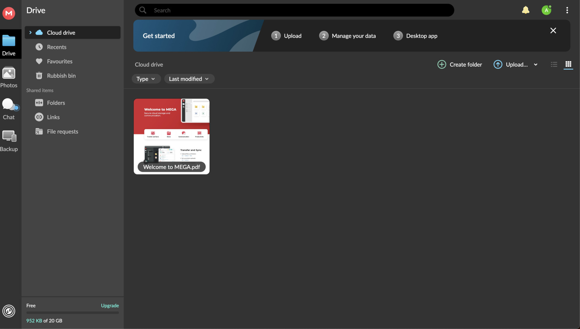 Image of MEGA's dashboard
