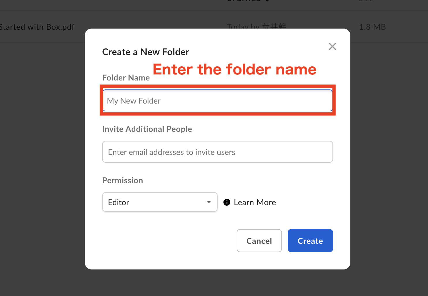 Image of entering new folder name of Box