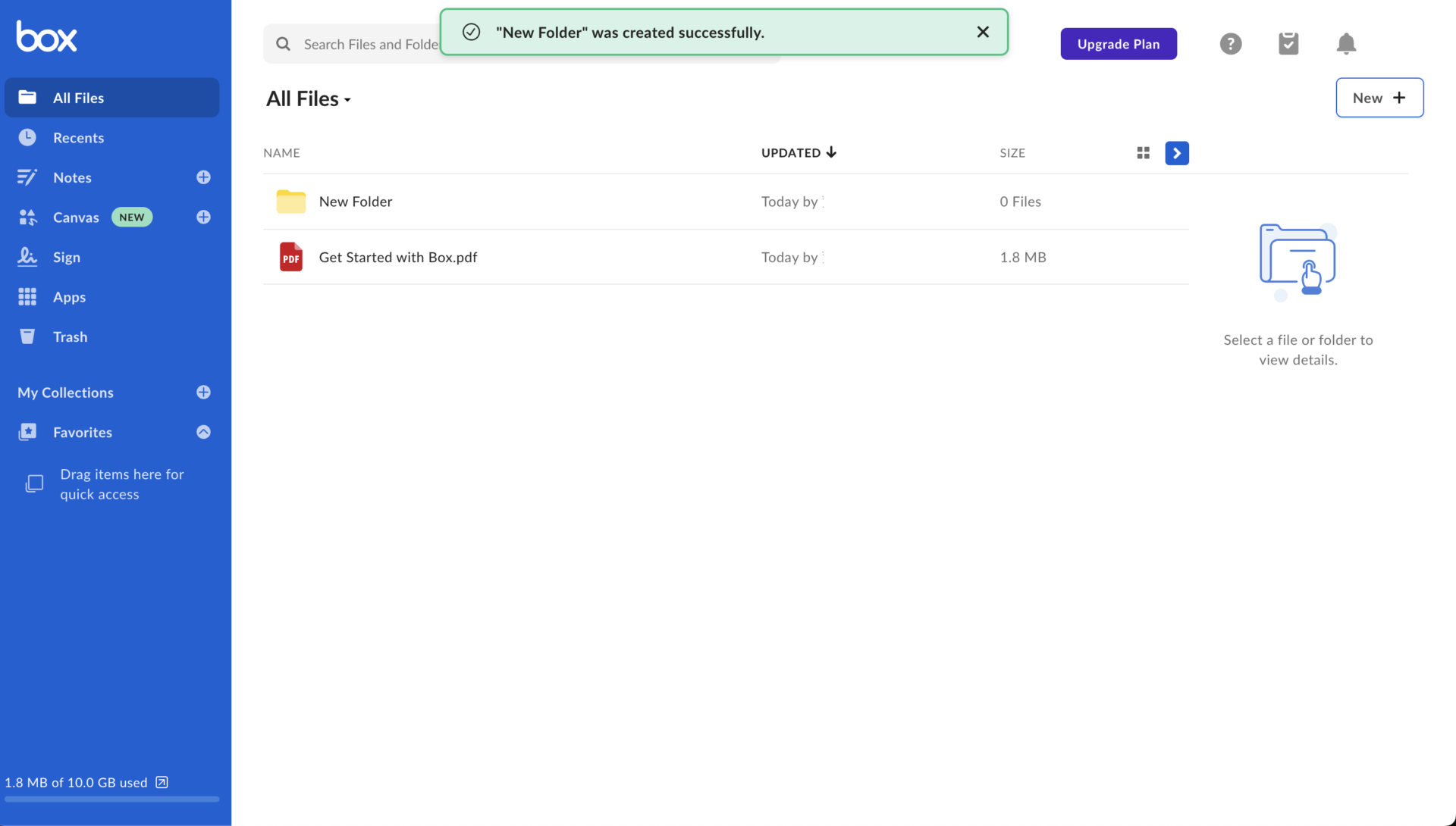 Image of the new folder has made by Box dashboard