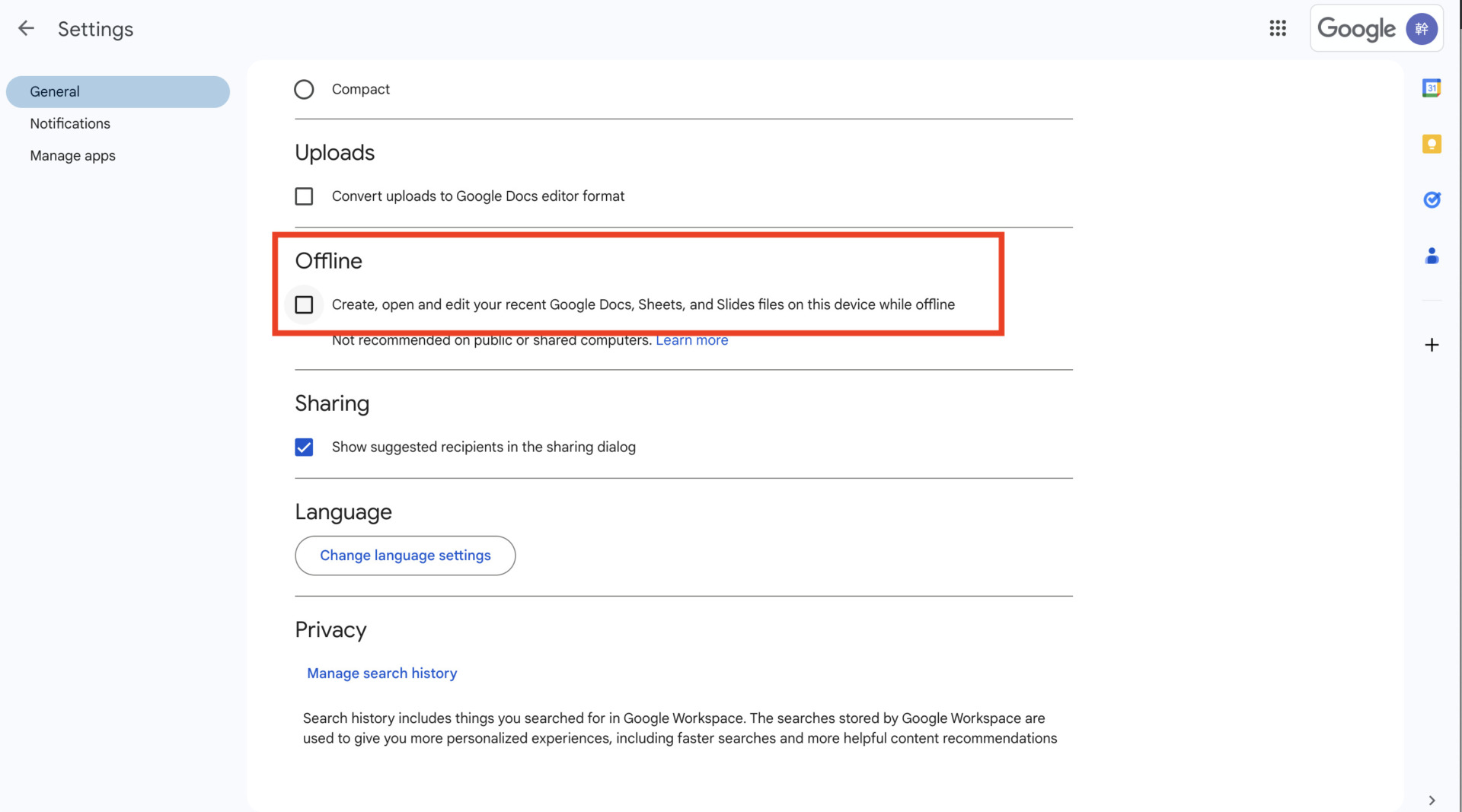 Image of offline checkbox