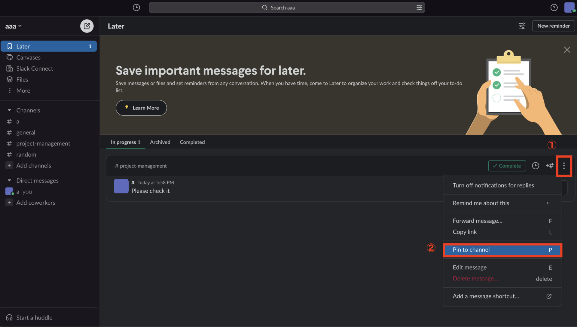 Image of pinning a message