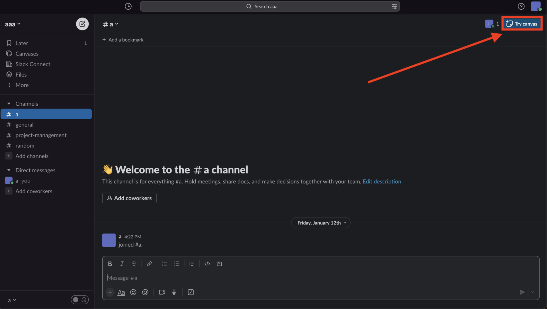 Image of choosing Slack Canvas in channel