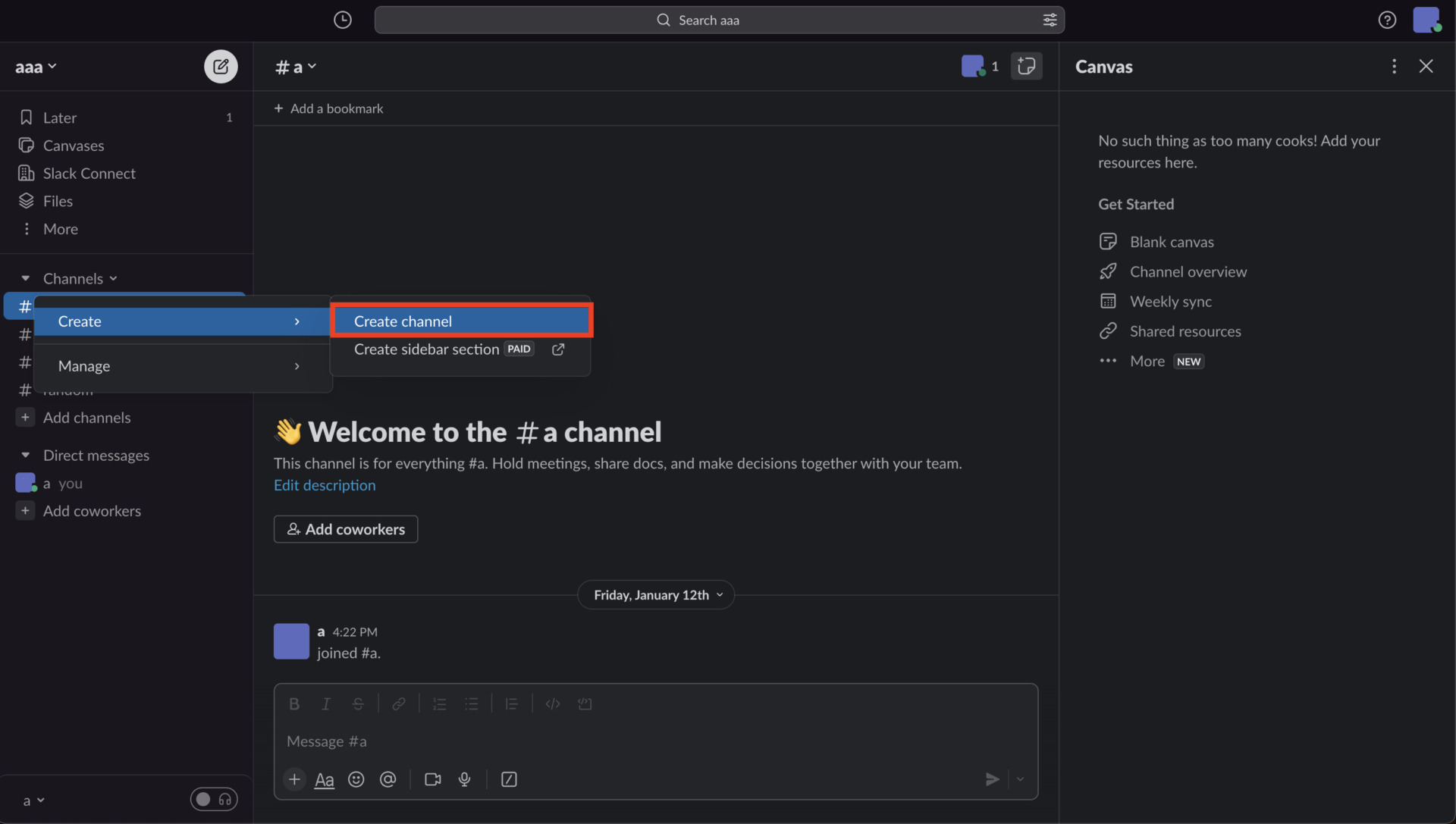 Image of creating channel to information sharing in Slack