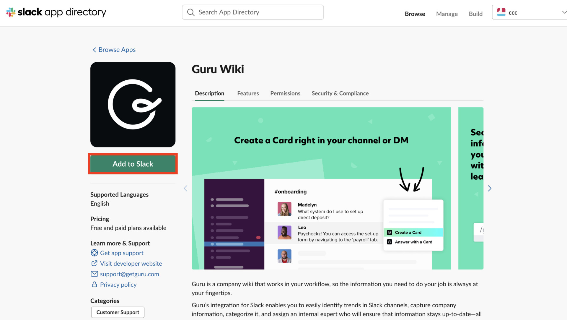 Image of adding Guru to Slack