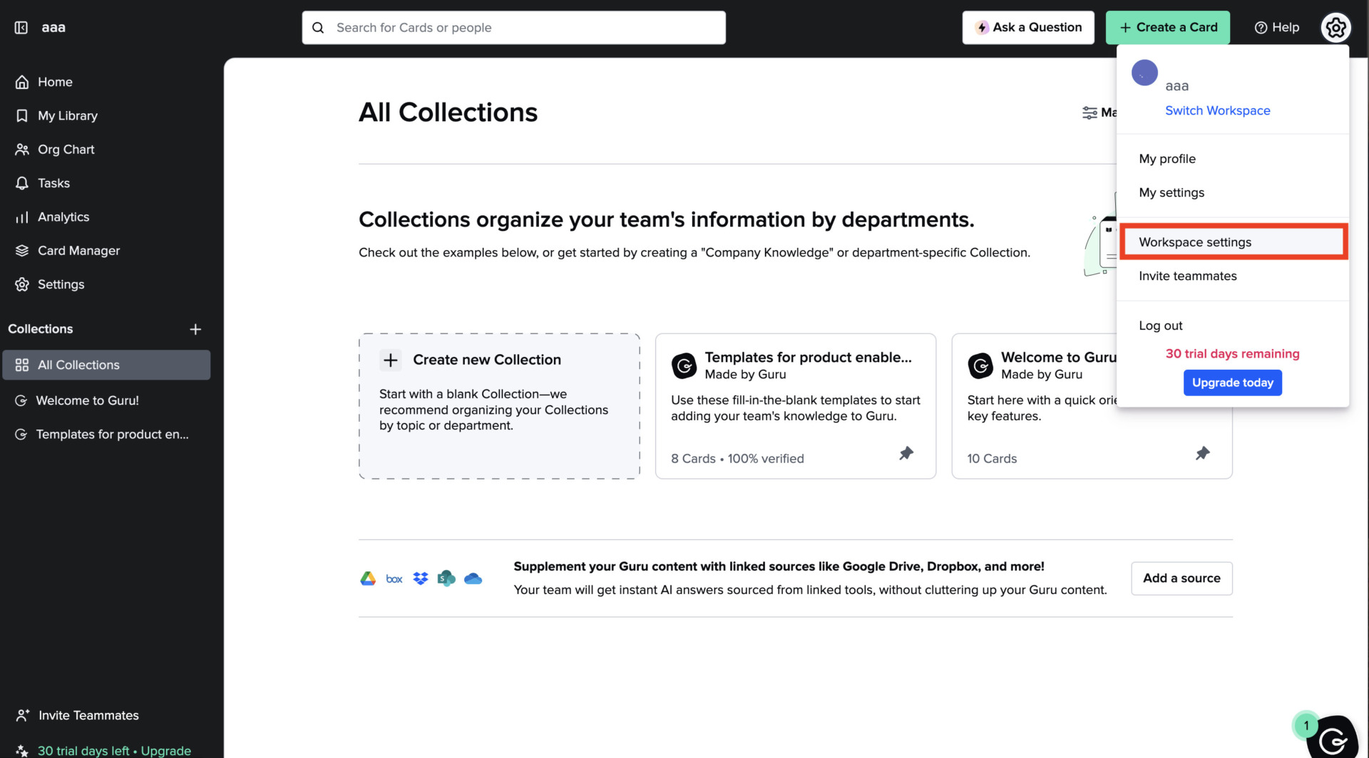 Image that clicks Workspace Settingを