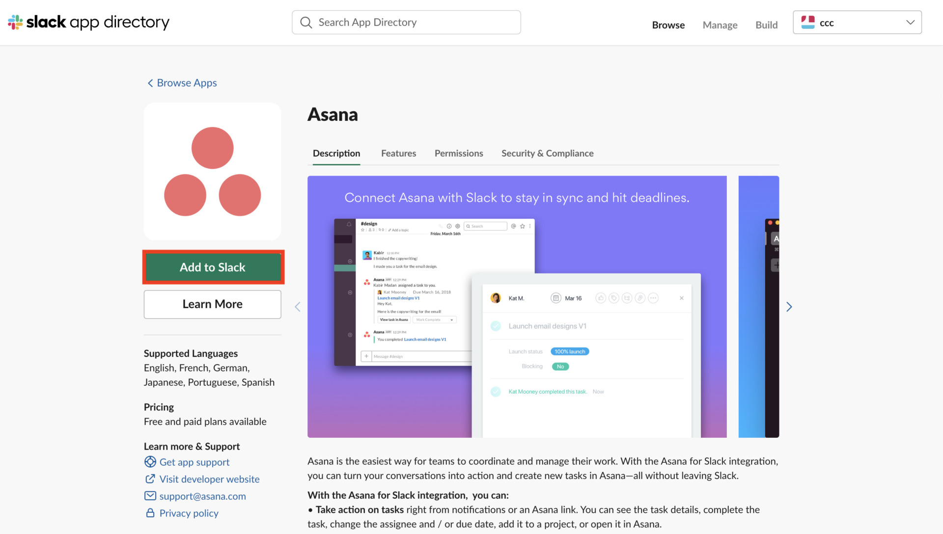 Image of click Add to Slack (Asana)