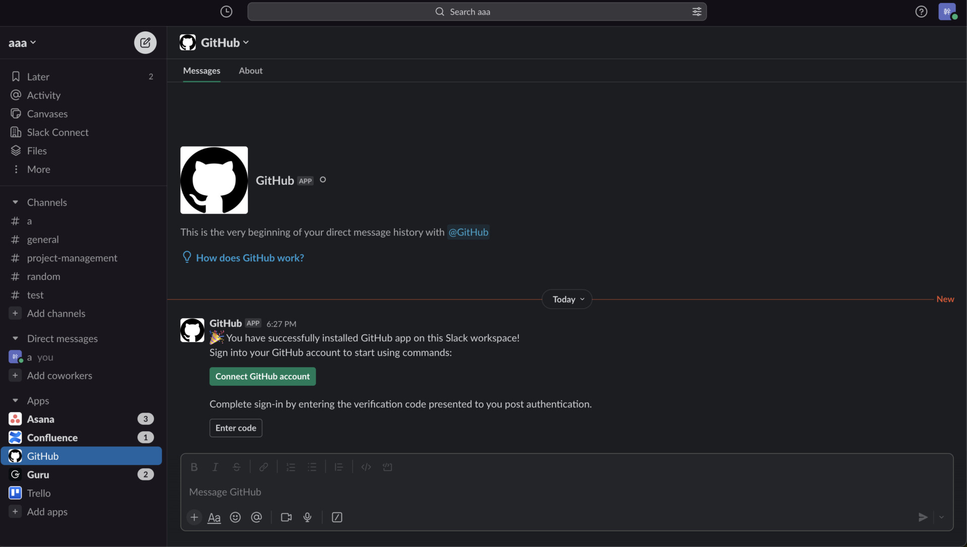 Image of completion of integration Slack with Github