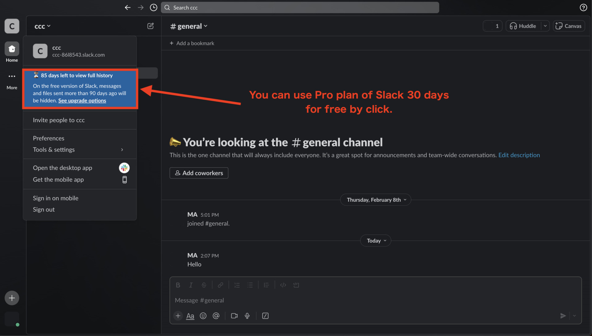 Image of click a button to subscribe Slack pro plan