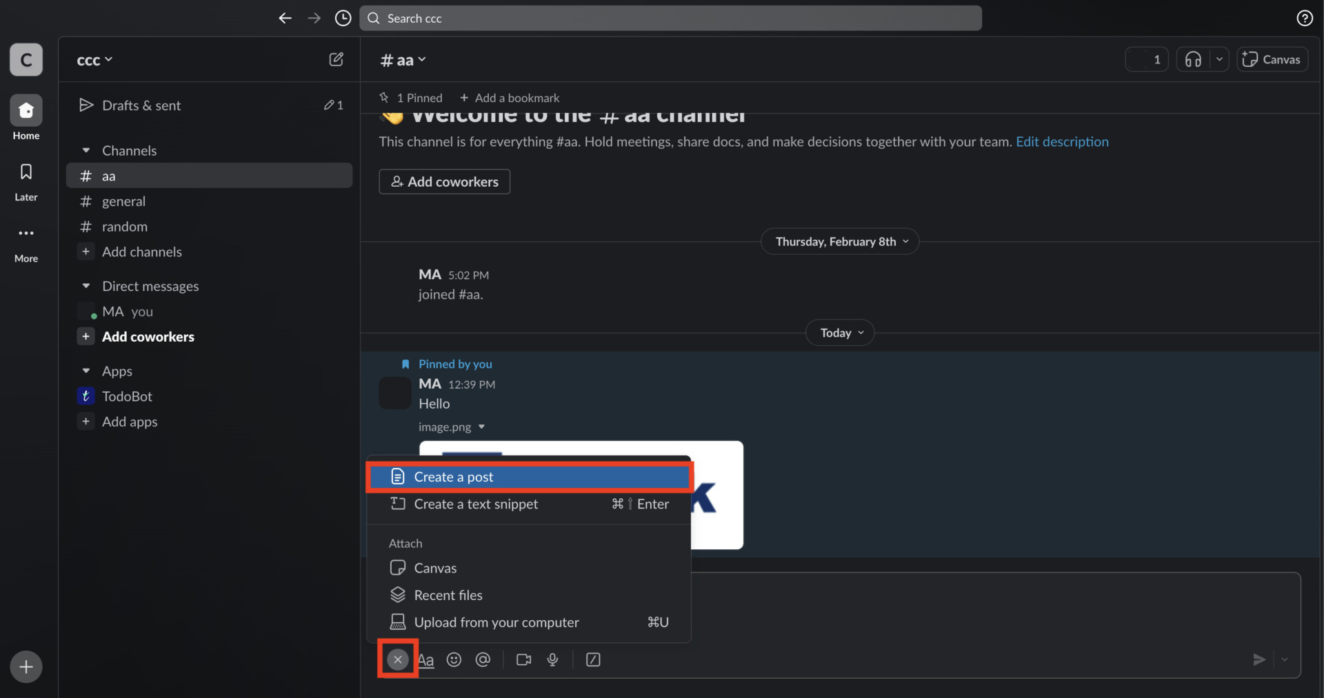 Image of creating post of Slack