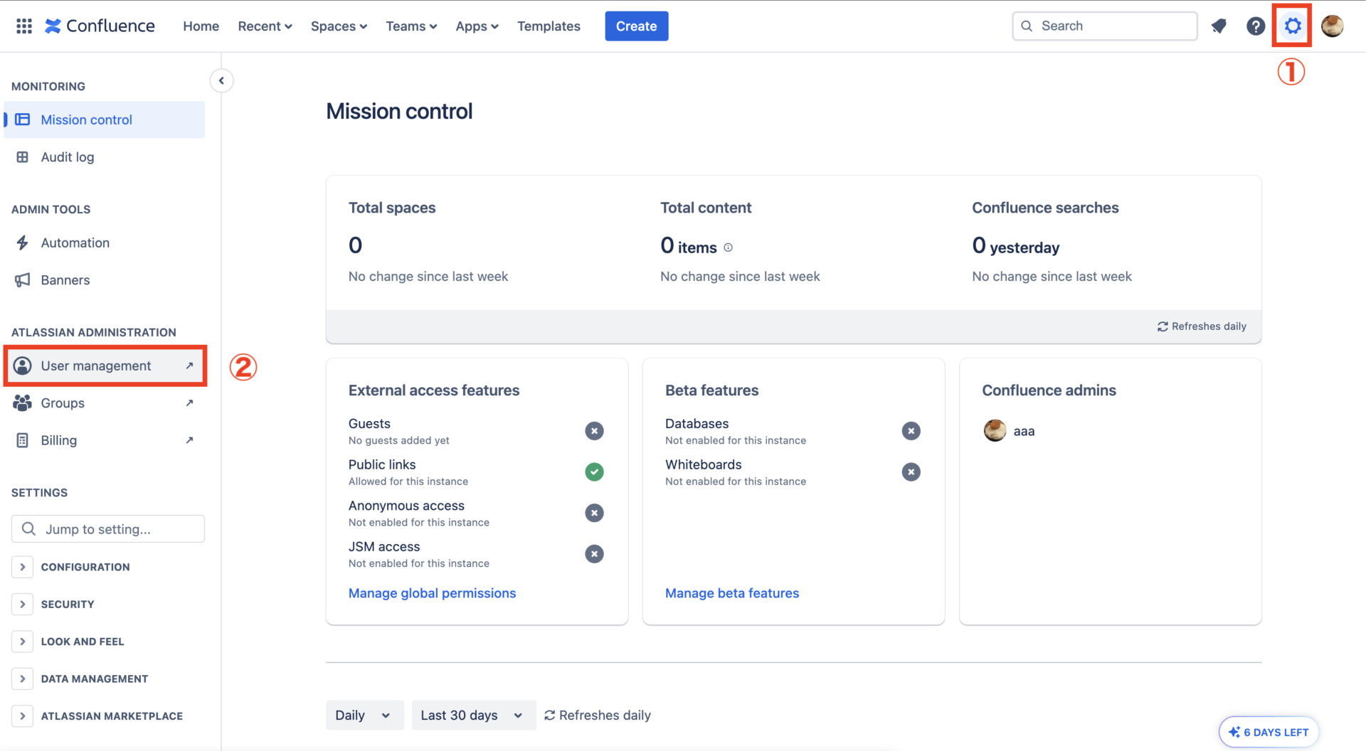 Image of opening user management tool of Confluence