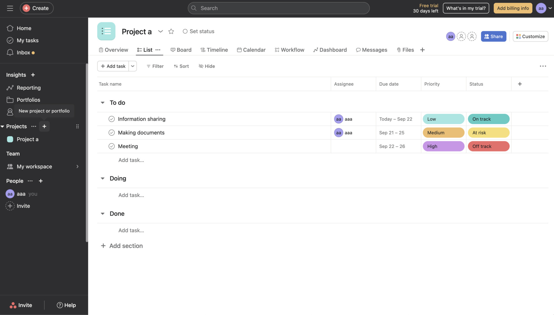 Actual screen of Asana