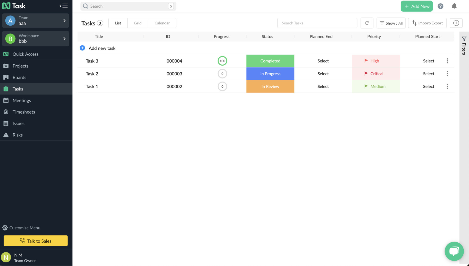 Actual screen of nTask