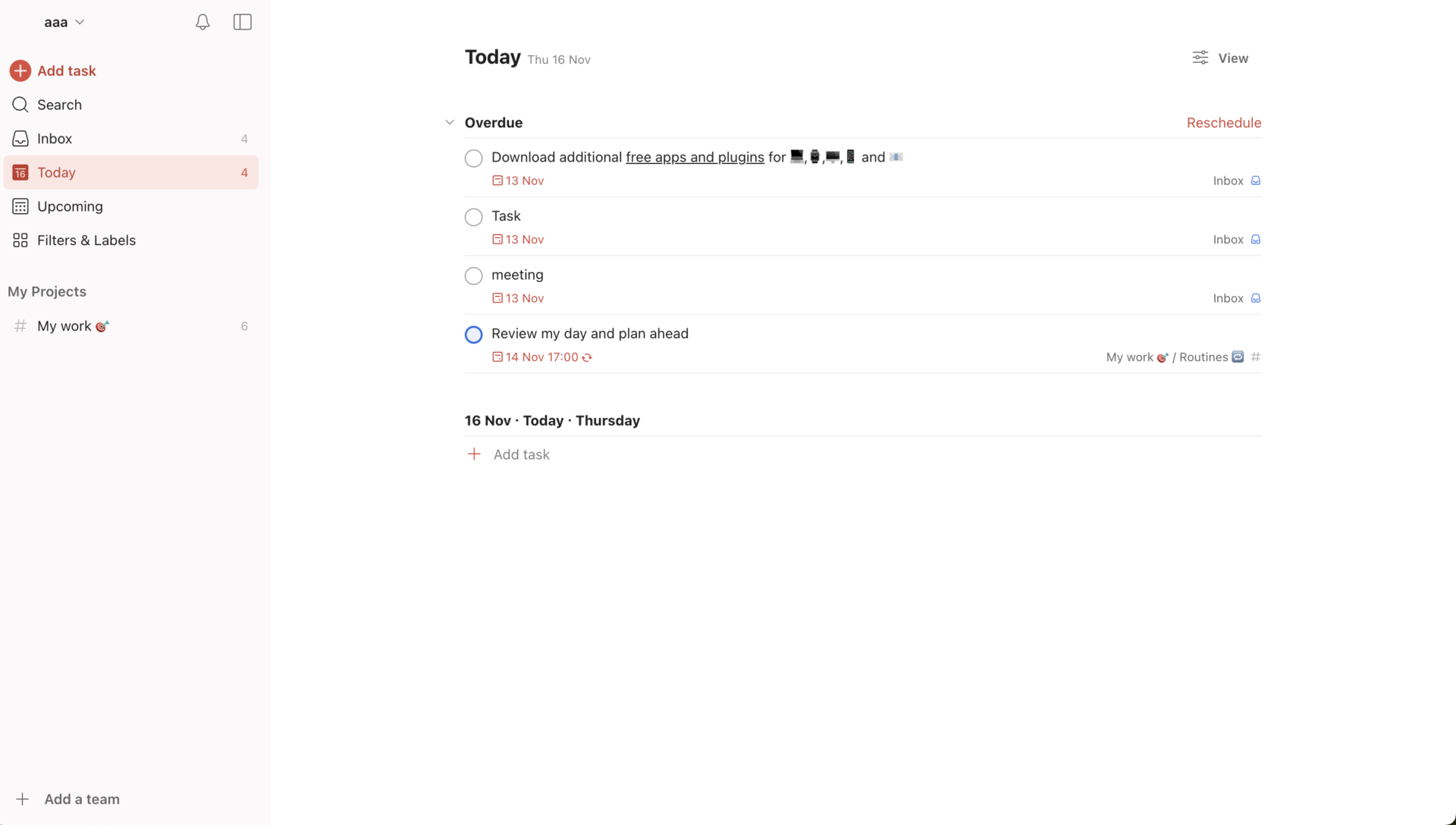 Actual screen of Todoist