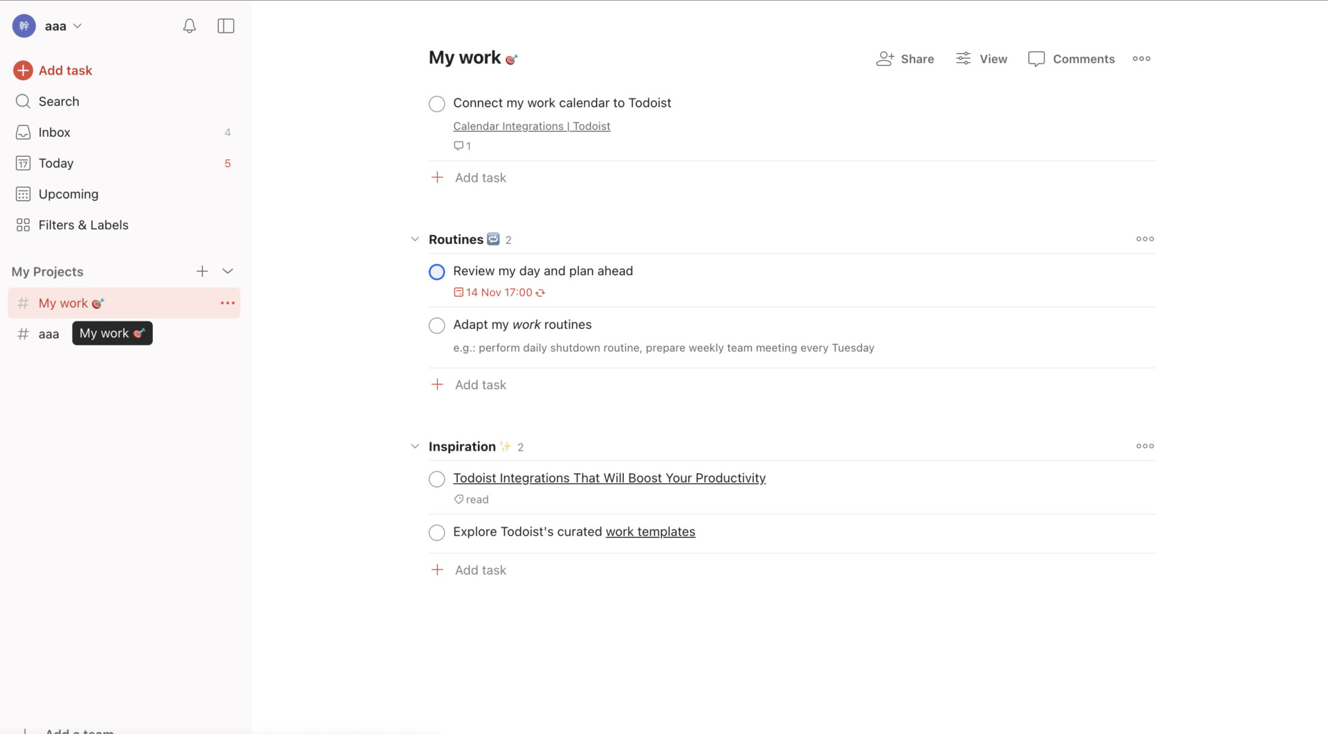Top page of Todoist