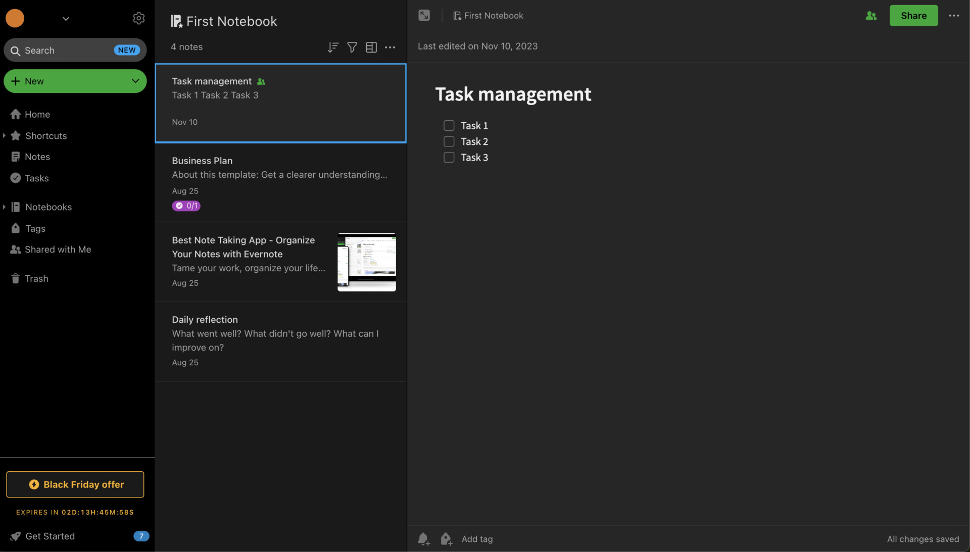 Actual screen of Evernote
