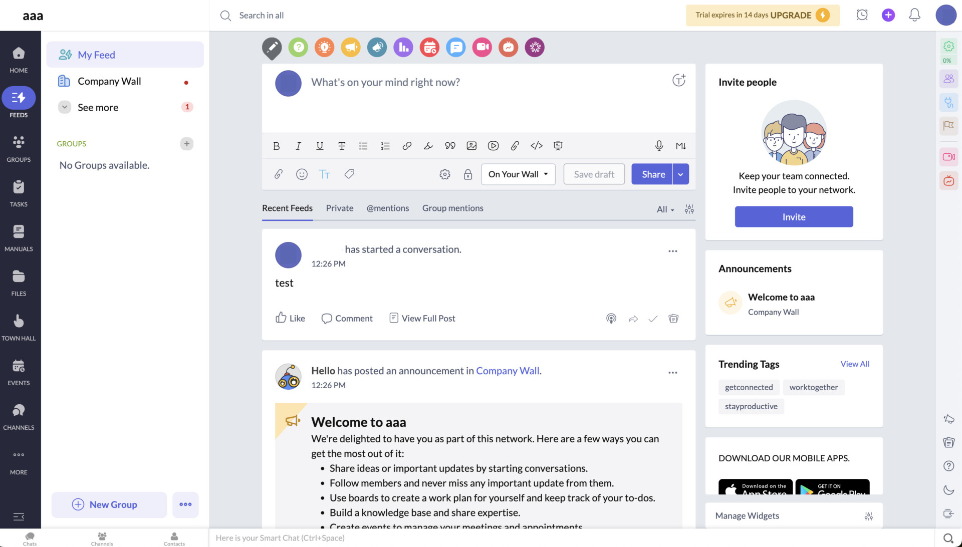 Actual screen of Zoho Connect