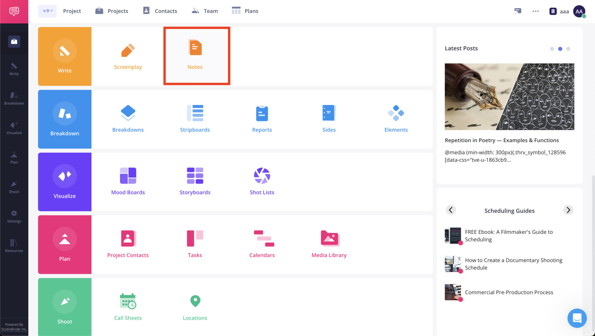 Top page of Studiobinder