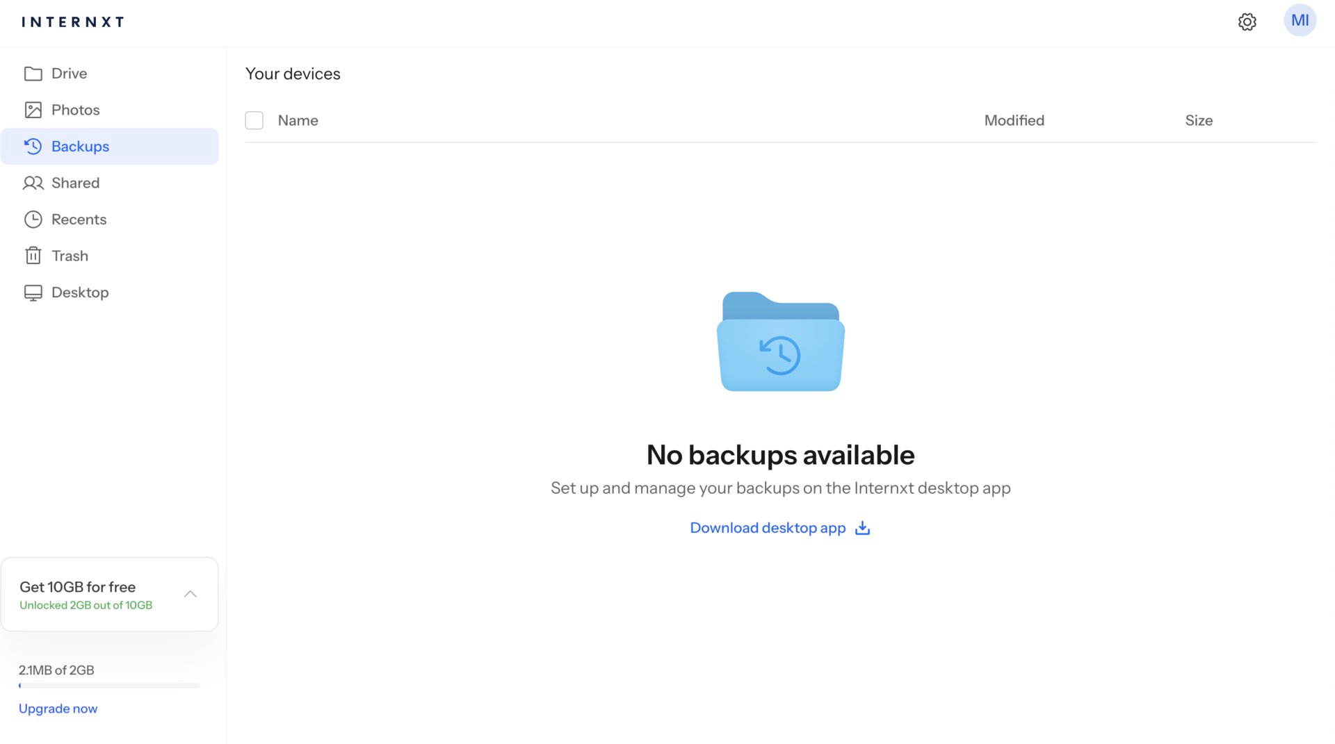 Actual screen of Internxt