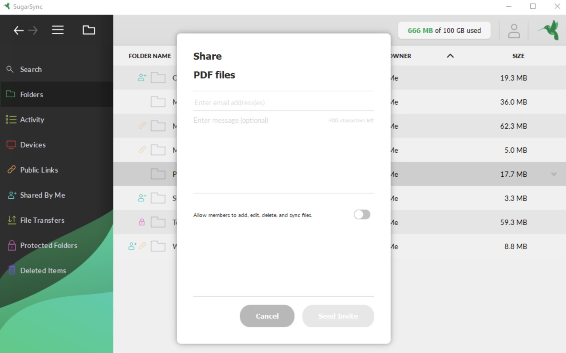 Actual screen of Sugarsync