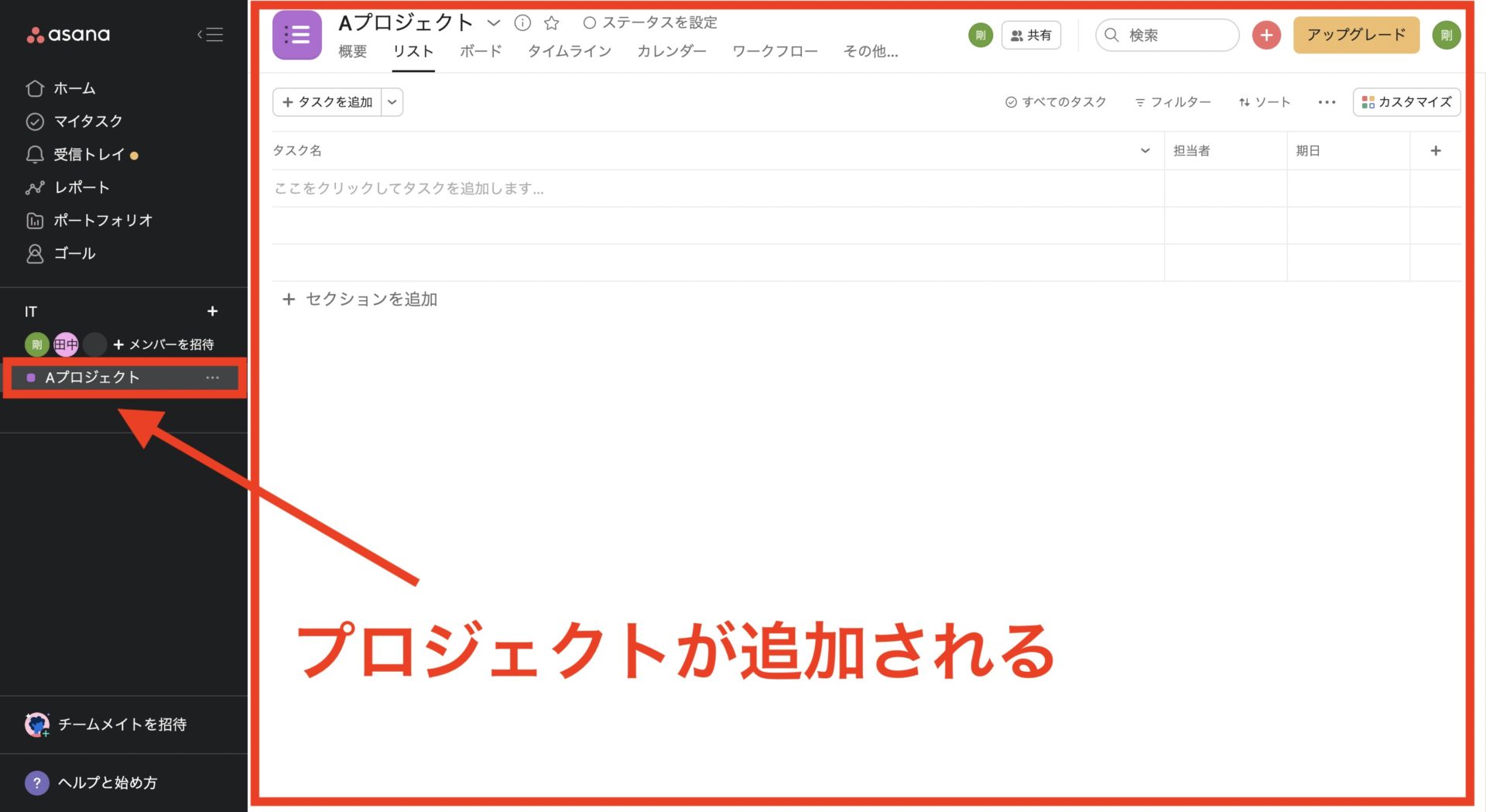 Asanaにプロジェクトが追加された画面