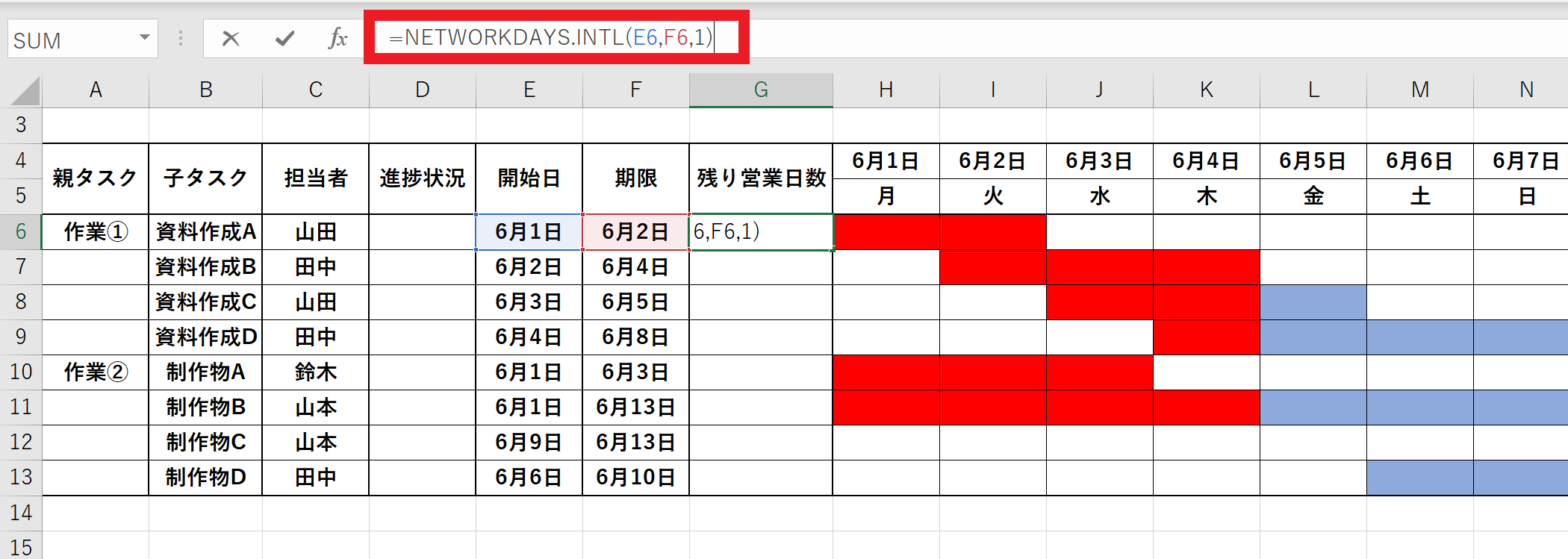 残りの営業日数に関する関数の入力画面