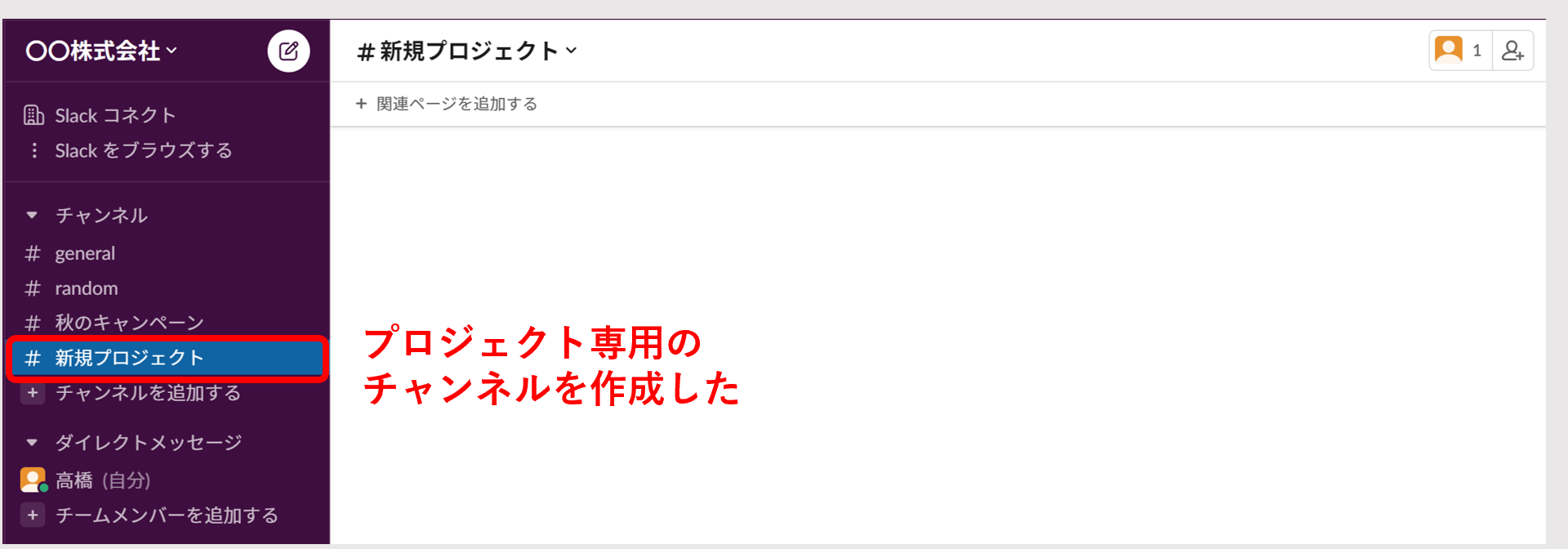 Slackにプロジェクト専用のチャンネルを作成した画面