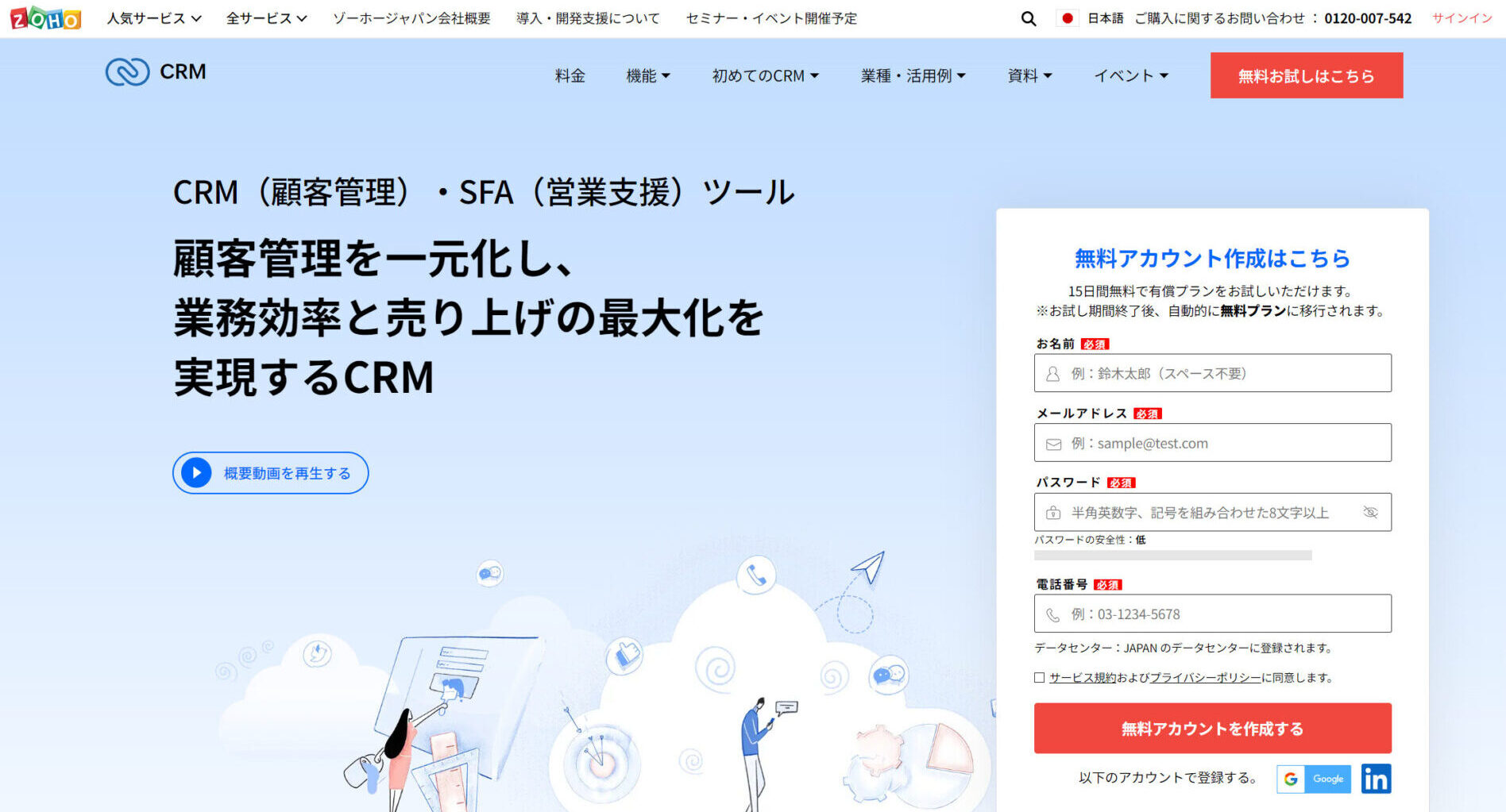 Zoho CRMのトップページ