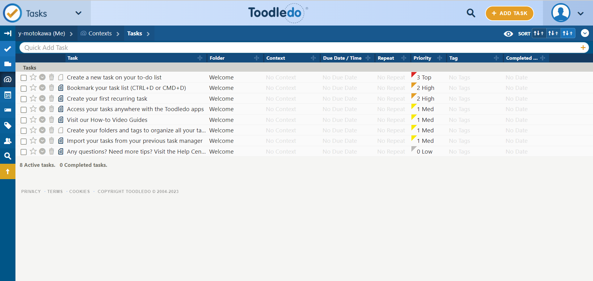 Toodledoの初期画面