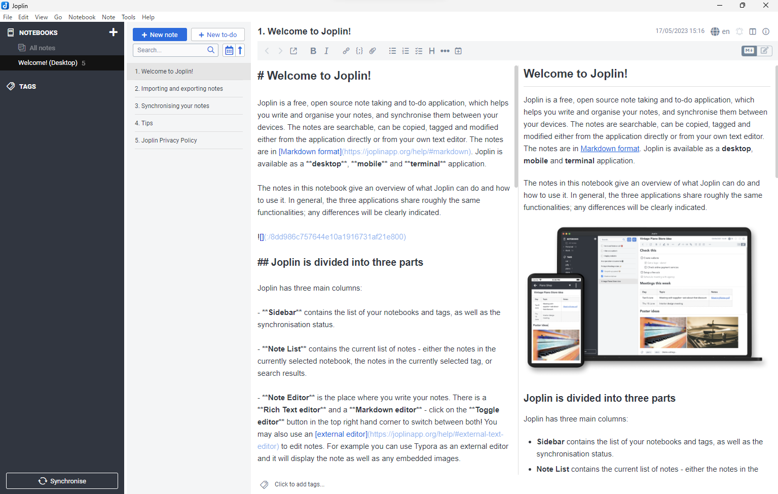 Joplinのトップページ