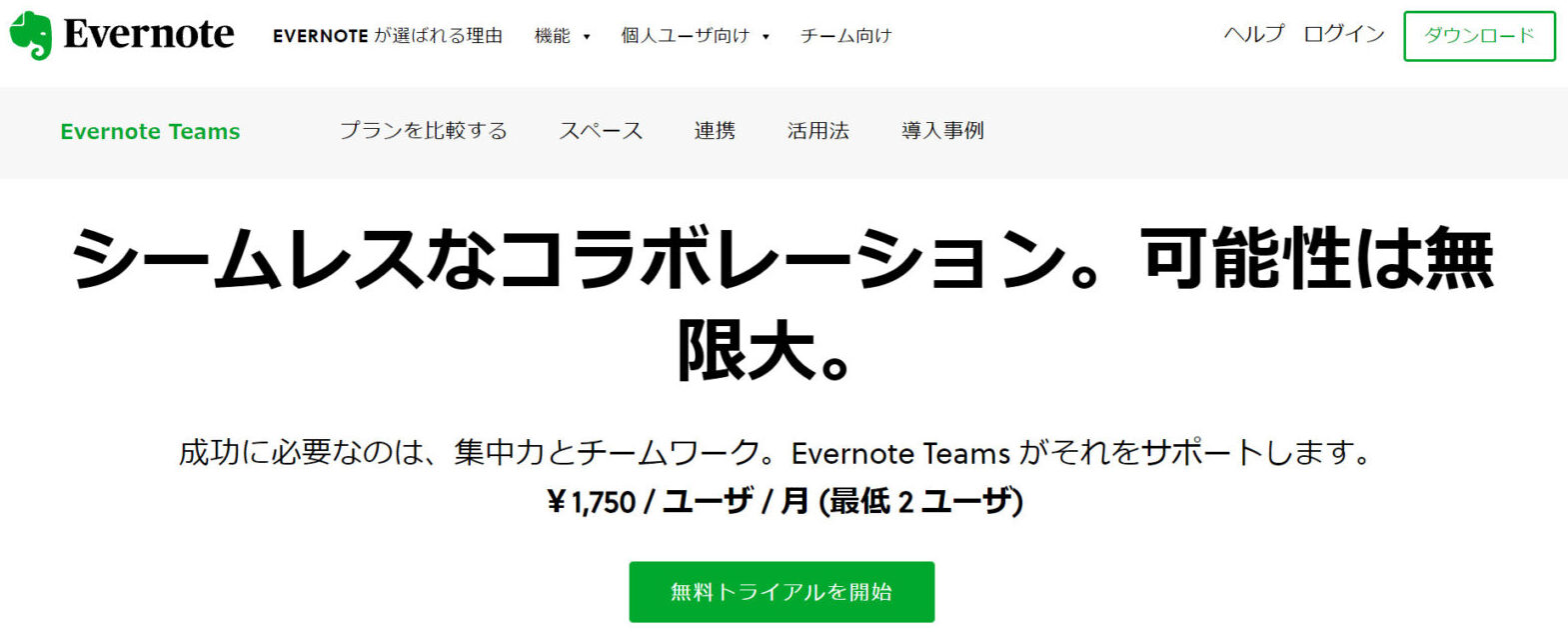 Evernote Teamsのトップページ