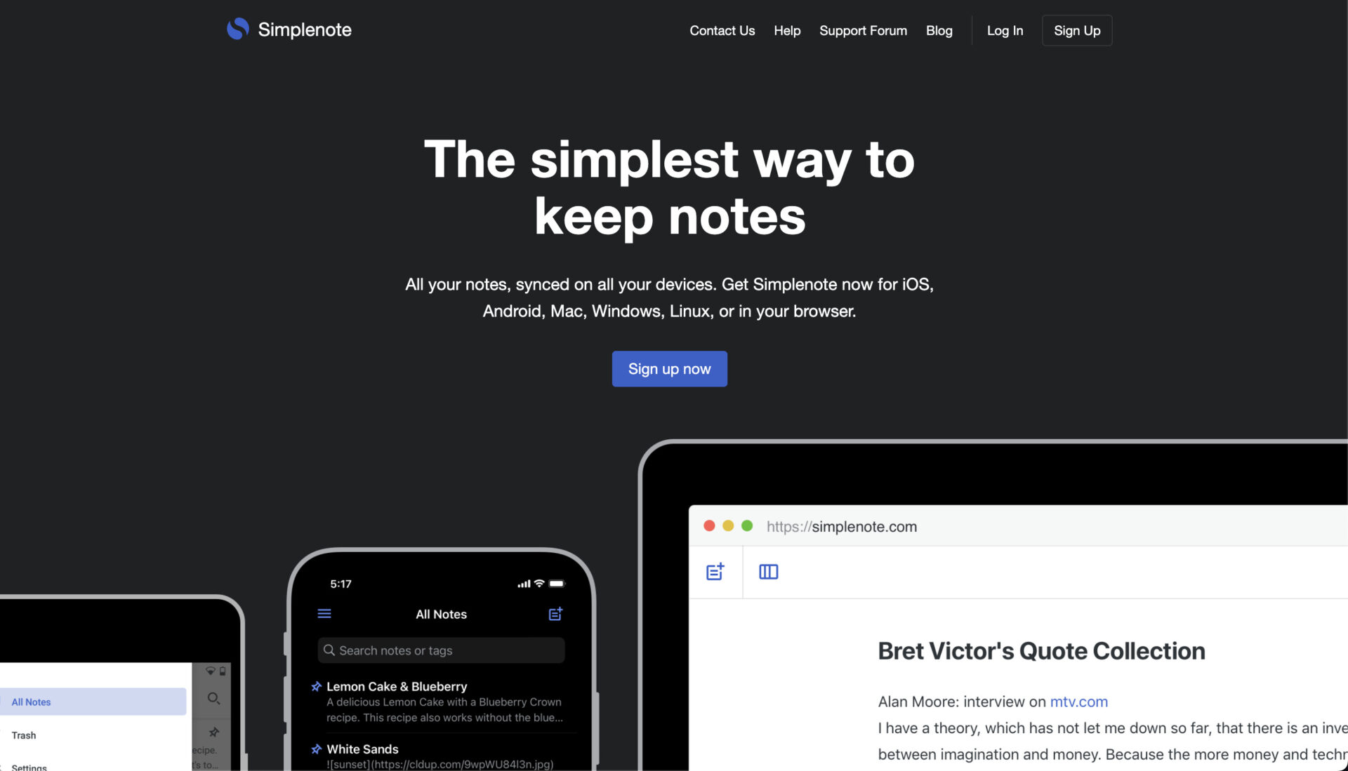Simplenoteのトップページ
