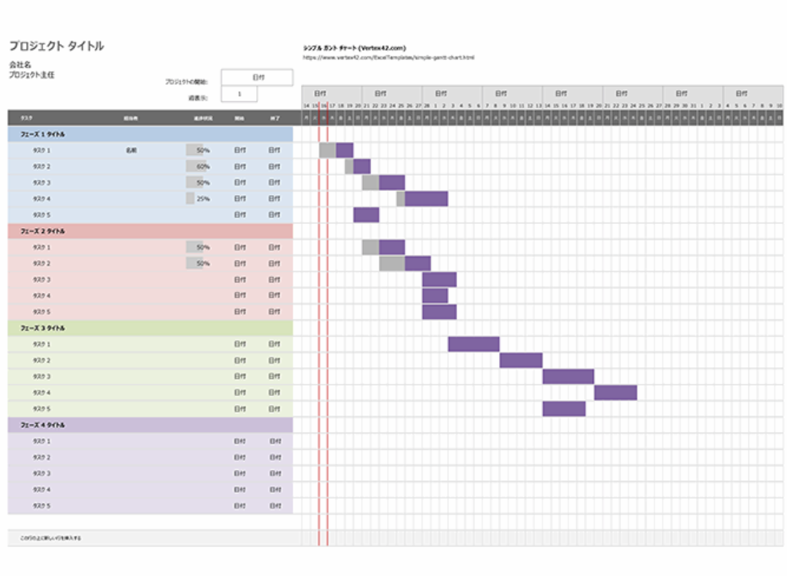 ガントチャートで管理できるテンプレートのダウンロードページ