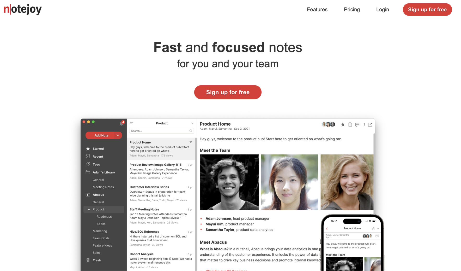 Picture of top page of Notejoy