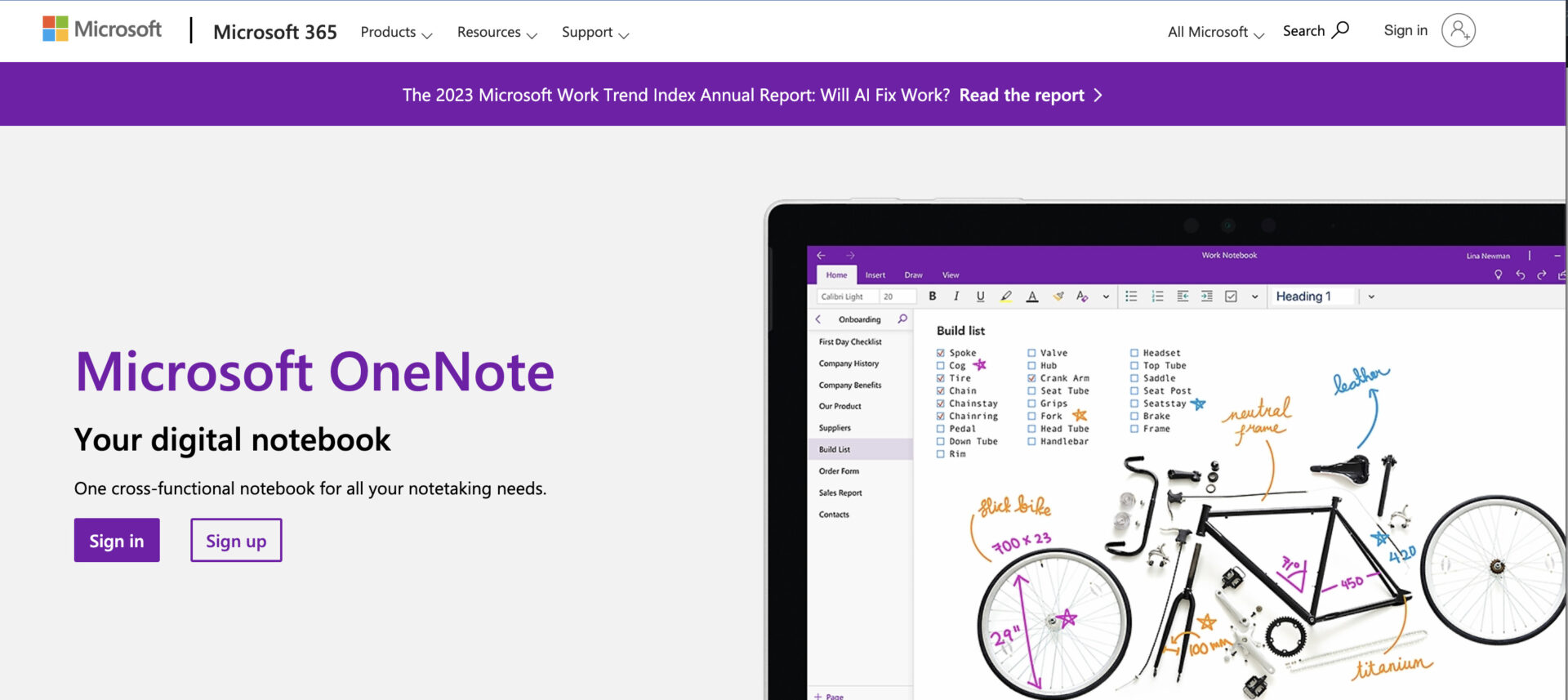 Picture of top page of OneNote