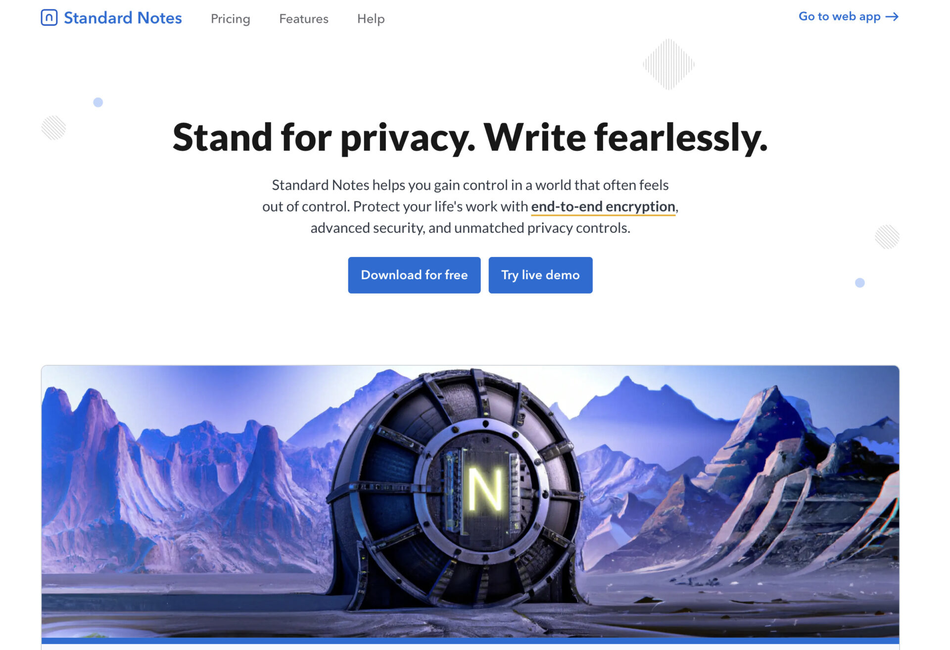 Picture of top page of Standard Notes